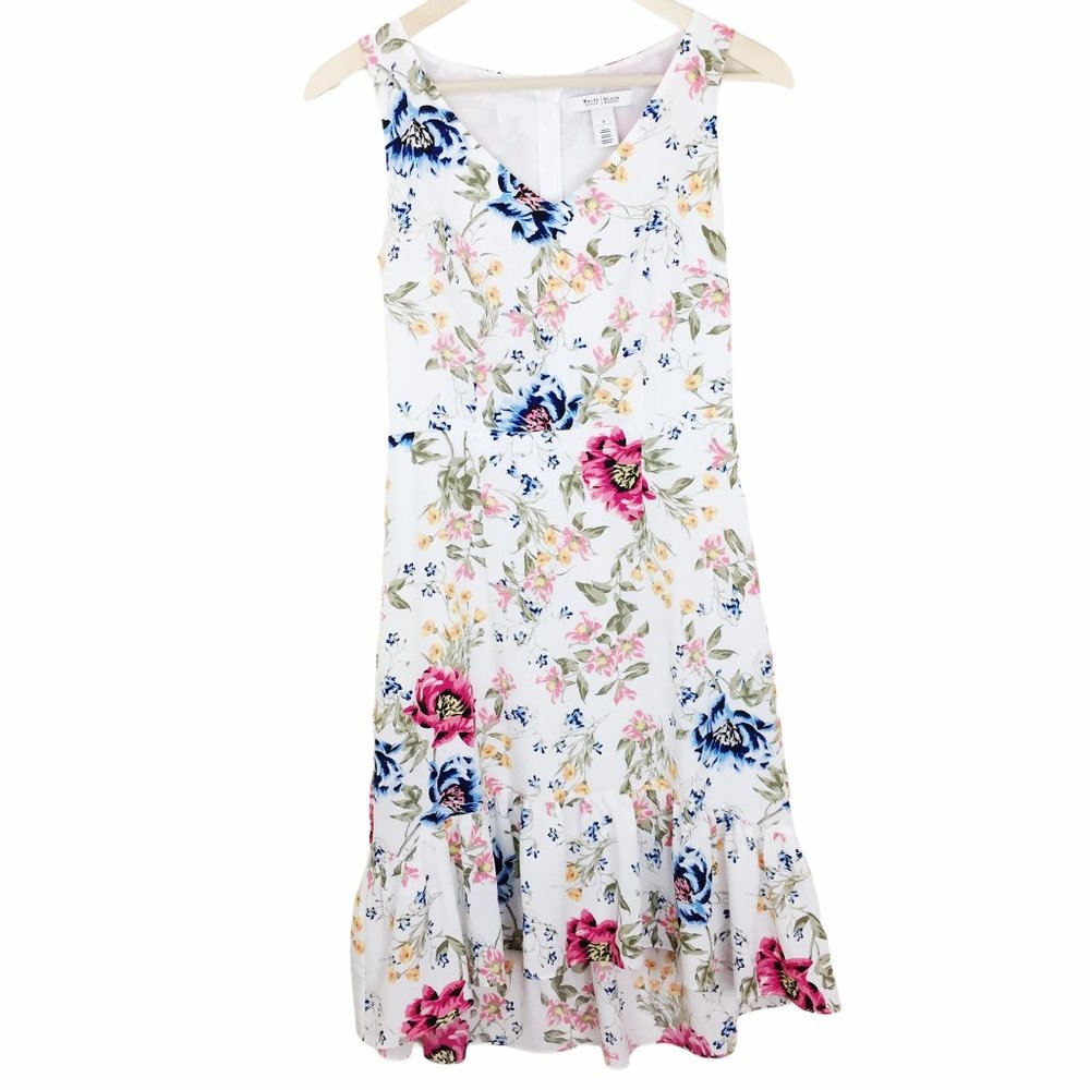 WHBM Sleeveless Floral V-Neck Midi Dress Ruffle 0